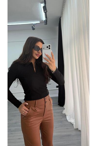 Daves Black Polo Neck Half Zipper Stretchy Blouse
