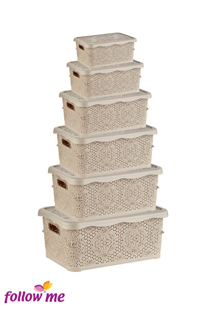 follow me Embroidery Multi-Purpose Box Set of 6 (Beige)