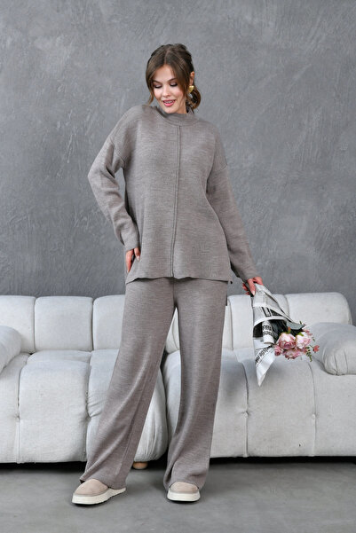 Park Karon Women Mock Neck Slit Sweater Pants Knitwear Top-Bottom Set