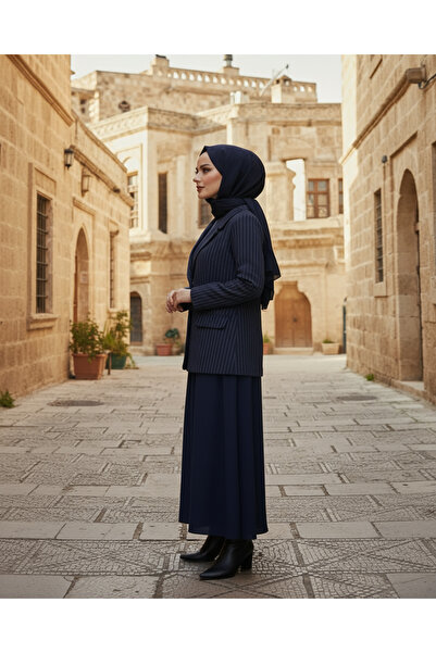 Ahi Navy Blue Striped Women's Jacket Skirt Set