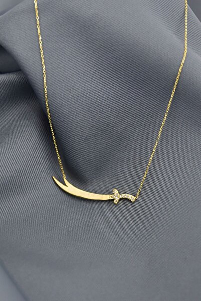 Flamingo 925 Ayar Gümüş Altın Kaplama Taşlı Zülfikar Kılıç Kolye