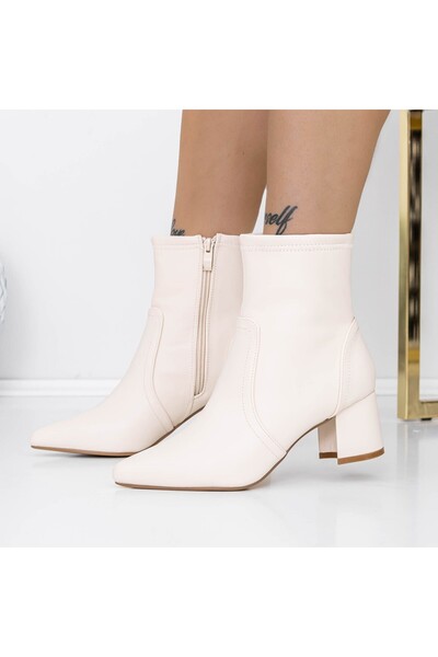 mei Γυναικεία Μποτάκια με Χοντρό Τακούνι 3ZYT2 Ανοιχτό Μπεζ