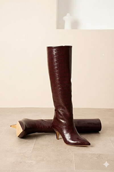 leopar by çetinay 911 Valentina Luxury Croco |   Women's Crocodile Patterned Leather Below-Knee Thin Heeled Boots-Stylish & Elegant