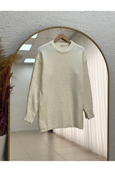 MİHRA STORE Aleida Straight Oversized Knitwear Sweater with Elasticated Sleeves and Bottoms-Zi̇5225 White