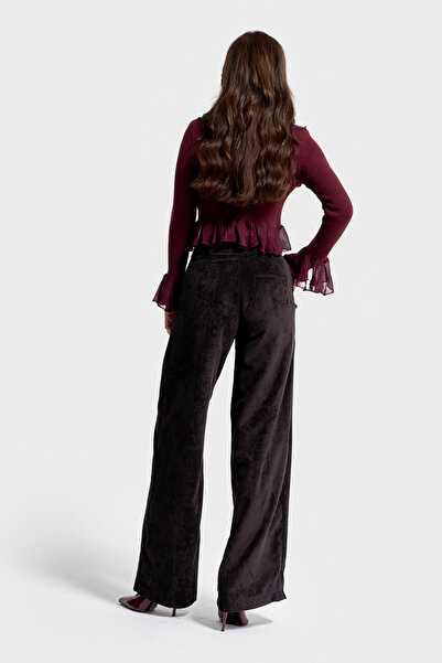 its basic Women's Black Color W5-1 Palazzo Fit Belt Detailed Thick Corded Fabric Velvet Velvet Fabric Trousers