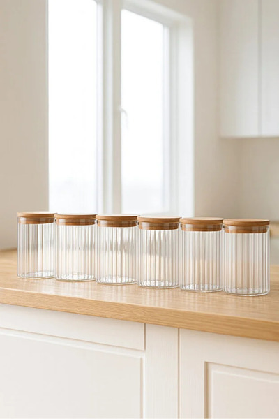 ZURİ DESİGN 6-Piece Striped Glass Storage Container Set – 610 ml Jar Set with Airtight Bamboo Vacuum Lids