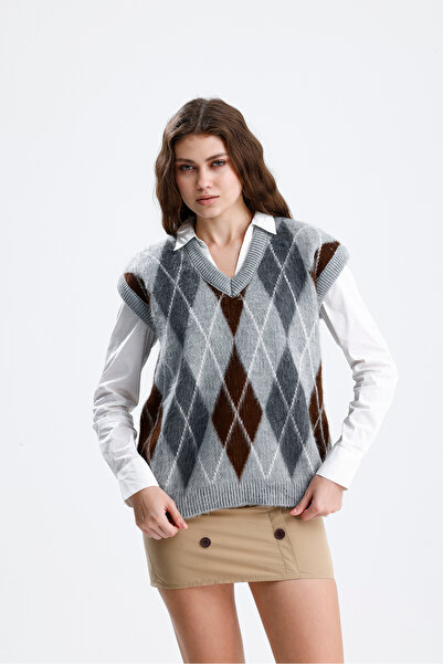 markazzi Kadın Baklava Desenli Oversiz Bordo Sakallı Triko Süveter