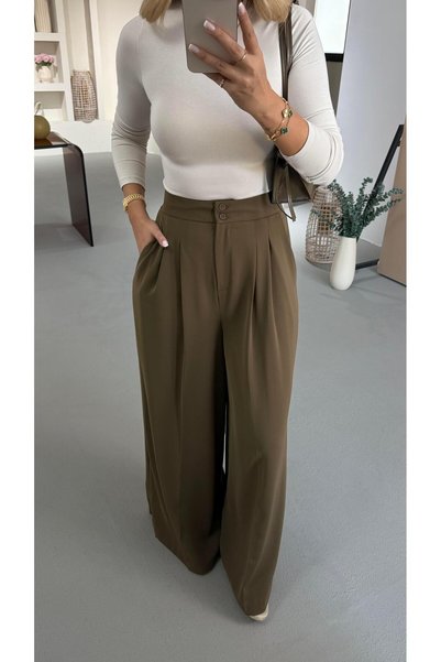 Sezgi Tekin Special Series Double Pleated Khaki Palazzo Pants