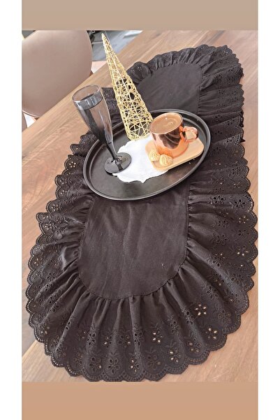 NURGİTA HOME Fırfırlı Fistolu Oval Duck Keten Vintage Runner SİYAH (35x85cm)