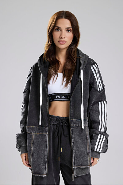 tw3 Γυναικείο τζιν που πλένεται με συνδυασμός υφασμάτων μανίκια ριγέ oversized Σχεδιαστικό μπουφάν με κουκούλα