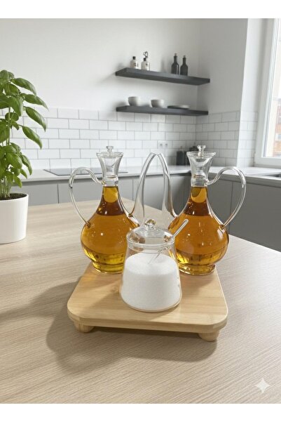 morponi طقم زجاجي مكون من 3 قطع لتقديم الزيت والملح – طقم أنيق للتقديم مع قاعدة من الخيزران