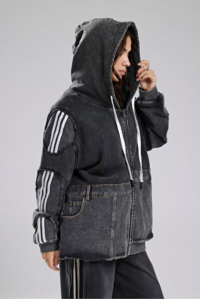 tw3 Γυναικείο τζιν που πλένεται με συνδυασμός υφασμάτων μανίκια ριγέ oversized Σχεδιαστικό μπουφάν με κουκούλα