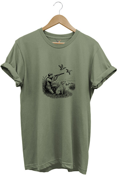 WİDİ Hunting Hunting Duck Hunting Printed Hunter and Hunting Dog Regular Fit Crew Neck T-Shirt