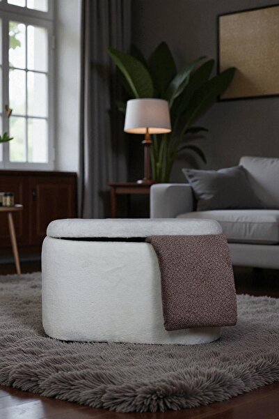 woody maison Oval Sandıklı – Yumuşacık Doku Teddy Kumaş Makyaj Masa Pufu Bench