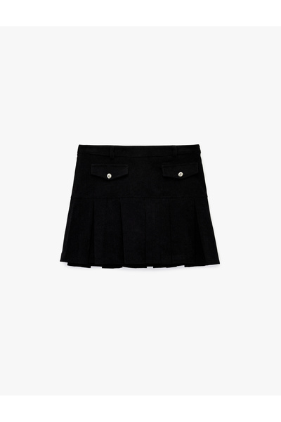 Koton Thick Pleated Mini Skirt with Metal Accessories and Pocket Detail