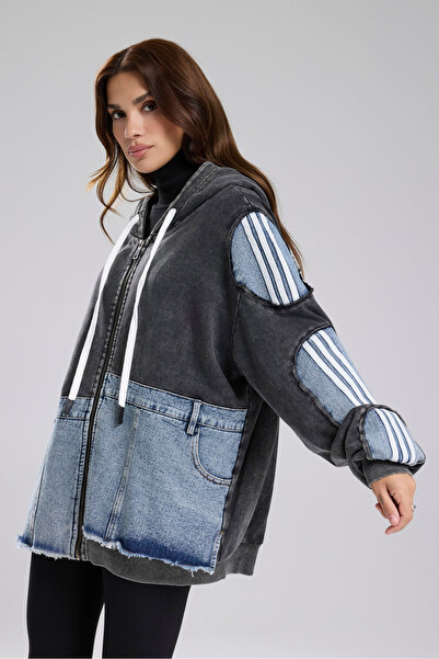 tw3 Jachetă de damă din denim lavabil cu cu secțiuni mâneci detaliu cu dungi supradimensionat cu glugă