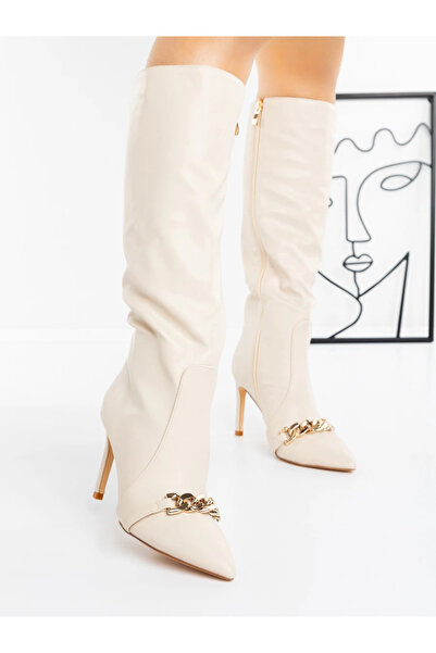 MİASHOES Дамски боти с тънък ток J6115 Бежови