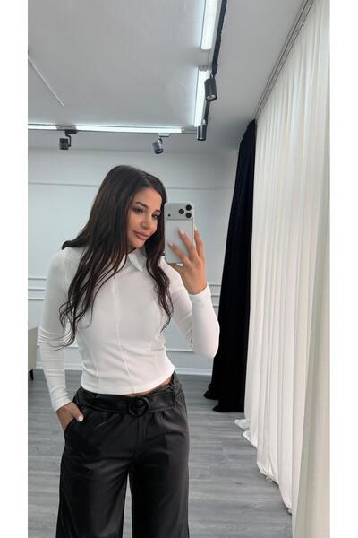Daves White Polo Neck Half Zipper Stretchy Blouse