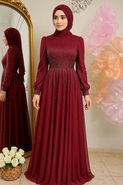 KADİR KORKMAZ GİYİM Taşlı işlemeli Simli Kumaş Astarlı Tesettür Abiye Elbise