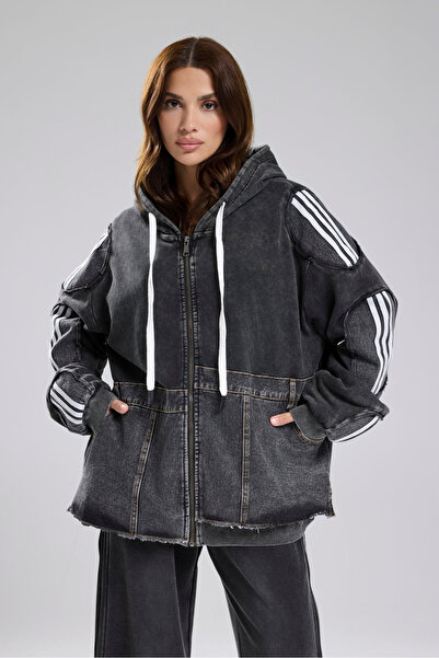 tw3 Γυναικείο τζιν που πλένεται με συνδυασμός υφασμάτων μανίκια ριγέ oversized Σχεδιαστικό μπουφάν με κουκούλα
