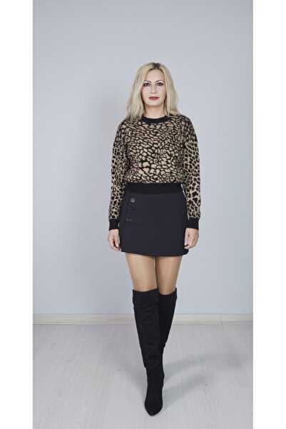 LOTUS BUTİK ŞARDONLU LEOPAR CROP KAZAK