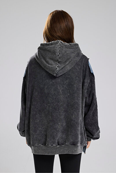 tw3 Jachetă de damă din denim lavabil cu cu secțiuni mâneci detaliu cu dungi supradimensionat cu glugă