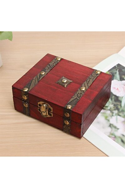 Generic Red Vintage Wooden Storage Box Jewelry Organizer Antique Handmade Treasure Chest for Keepsakes