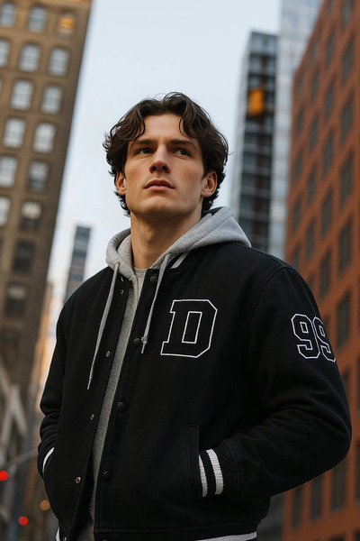 DAMGA JEANS معطف جينز أسود للرجال مع قلنسوة مبطنة بالفرو