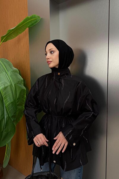 QUQA Taş İşlemeli Trençkot - Siyah