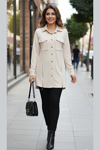 DOĞTEX Krem, Fermuar Detaylı, Cepli, Modern Kesim, Şık Tunik Gömlek
