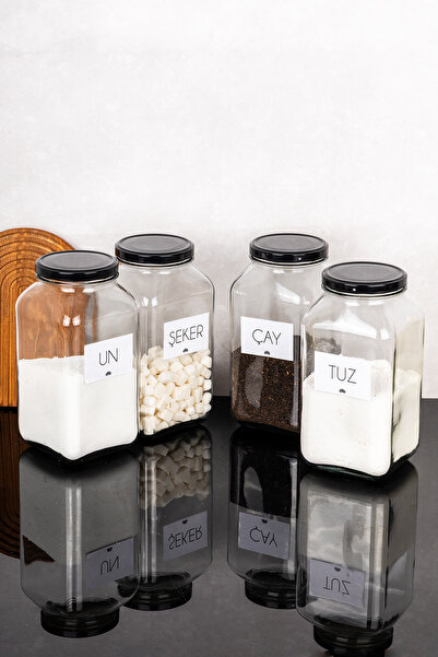 Dolkin Home 4-Piece 3-Liter Jar Set Tea Sugar Flour Salt Labeled 3000 ml Glass Jar Storage Set with Metal Lids