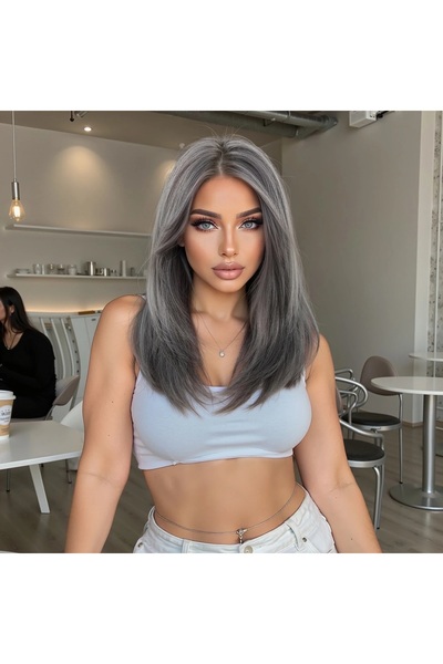 animis beauty Grey wig, Premium synthetic fiber with a look, medium straight hair, with bangs, 40 cm