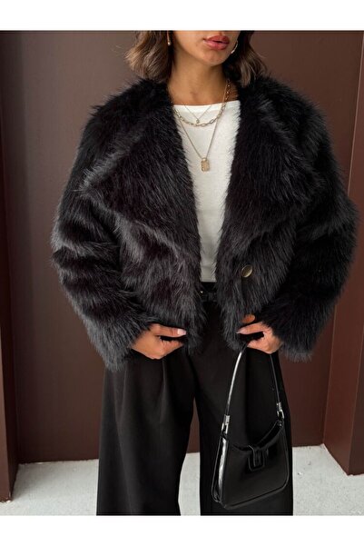 cemo Women's Vintage Plush Furry Crop Jacket Gold Buttoned Crew Neck Winter Stylish Coat