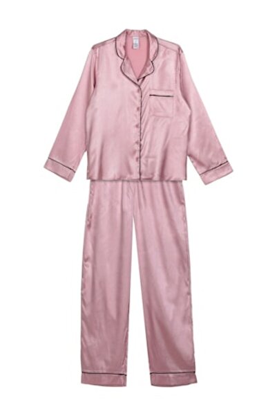 OEM Pink satin winter pajama set with black details, One Size