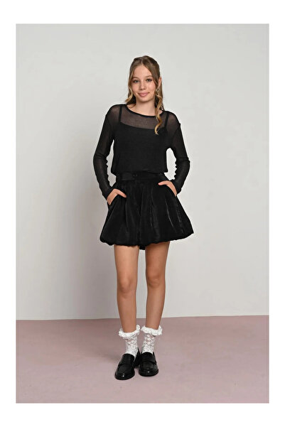 QUEEN KİDS KIZ BLUZ 7998 ÖRME FİLE SİMLİ SİYAH