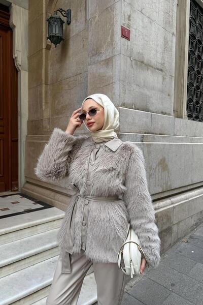 QUQA Deri Yakalı Kürk Mont - Vizon