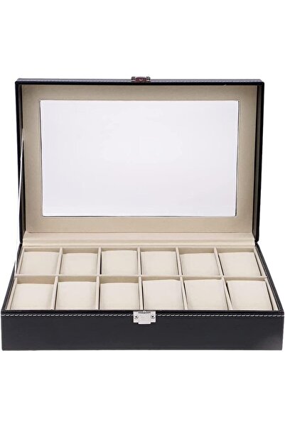 Generic 12 Grid Watch Box PU Leather Display Case Glass Lid Storage Organizer Gift
