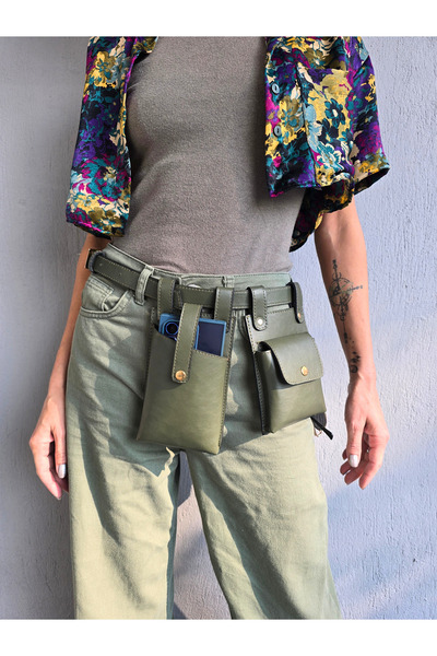 Atelier Nui Genuine Leather Olive Green Cell Phone Waist Bag and Waist Belt