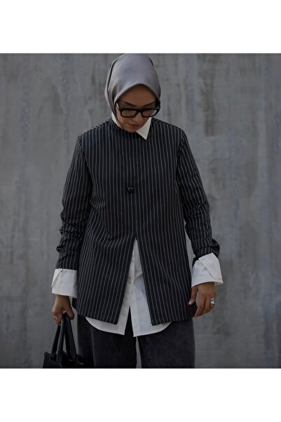QOOQ STORE ÇİZGİLİ BLUZ SİYAH