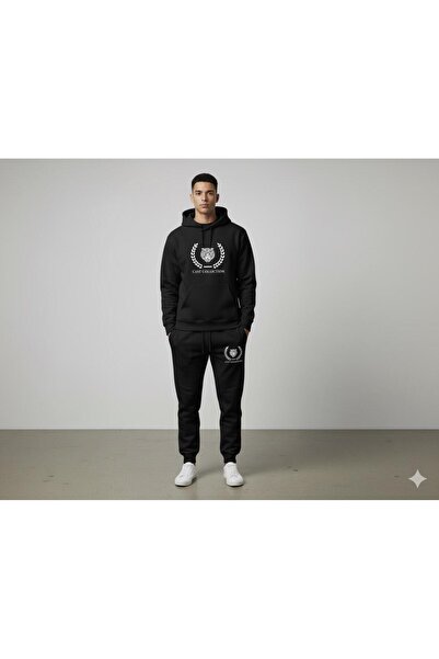 CAST COLLECTİON Ανδρικό σετ φόρμας από βαμβακερό φούτερ με στάμπα μαύρου λιον...