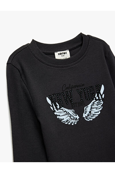 Koton Long Sleeve Stone Detailed Crew Neck Printed T-Shirt