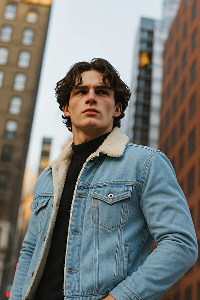 DAMGA JEANS Men's Fur Lined Polo Collar Ice Blue Denim Coat