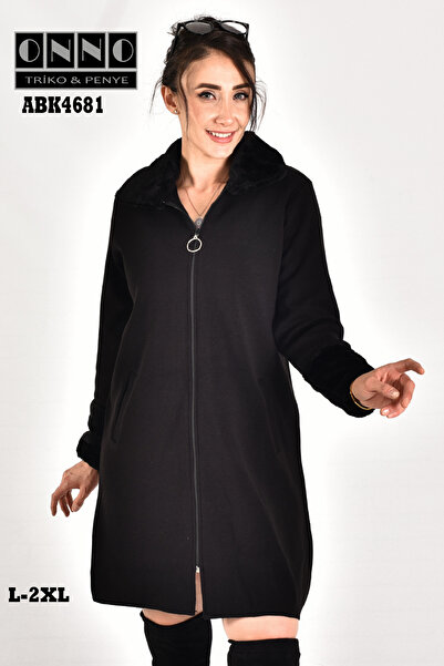 onno style women سترة تريكو طويلة كلاسيكية بياقة محبوكة من الفولاذ وأكمام من الفرو