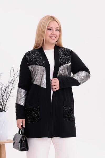 Siyezen Plus Size Silver Detailed Sequin Cardigan