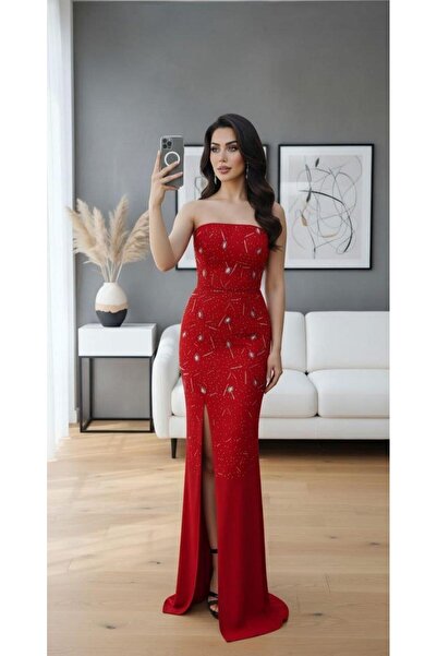 Modafeminen Strapless Tas Design Slit Fish Evening Dress 583339 Red