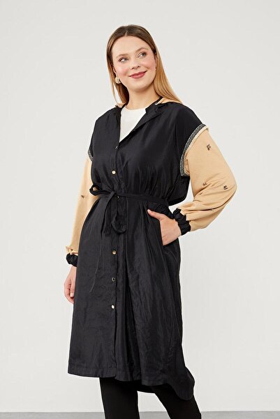 Levidor Μαύρο-καμηλό καμπαρντίνα με κεντημένες λαβές με κουκούλα