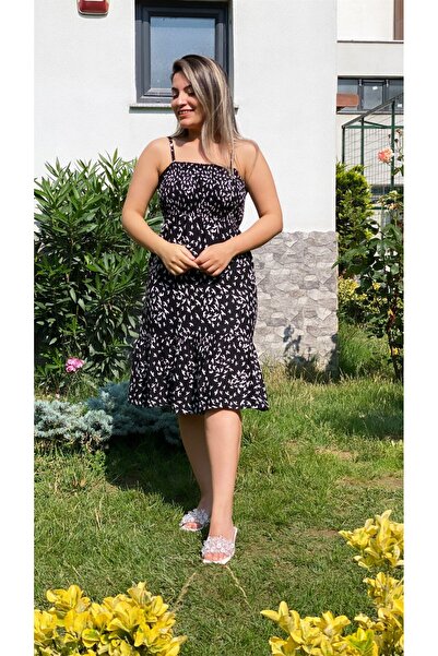 SEDA FİDAN BOUTIQUE فستان فيسكوز منقوش على شكل طائر أسود