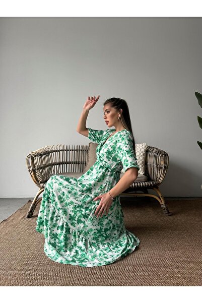 SEDA FİDAN BOUTIQUE Floral Double-Breasted Crepe Dress Green