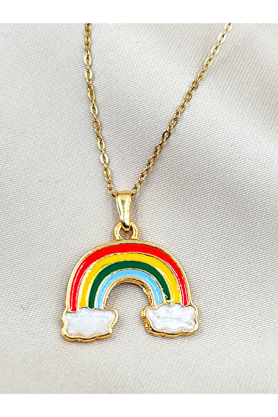 FIORA AKSESUAR Gökkuşağı Tasarımlı Charm Kararmaz Altın Rengi Çelik Kolye - Kadın Takı