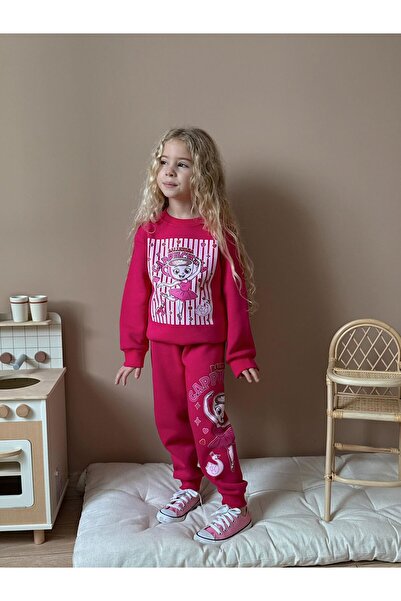 MİLAYS LİFE HOME COLLECTİON Girl's 3-Thread 100% Cotton Thick Combed Cotton Colorful Winter Tracksuit Set
